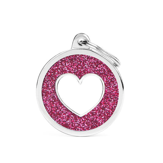 Medalha Shine Círculo G Glitter Rosa Coração Branco